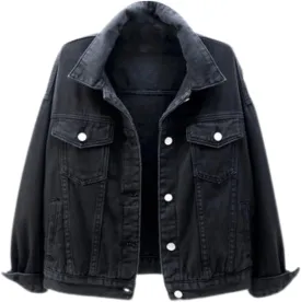 Bomber Jackets for Women Solid Button Down Jeans Denim Jackets Plus Size Trendy Casual Oversized Coat with Pockets