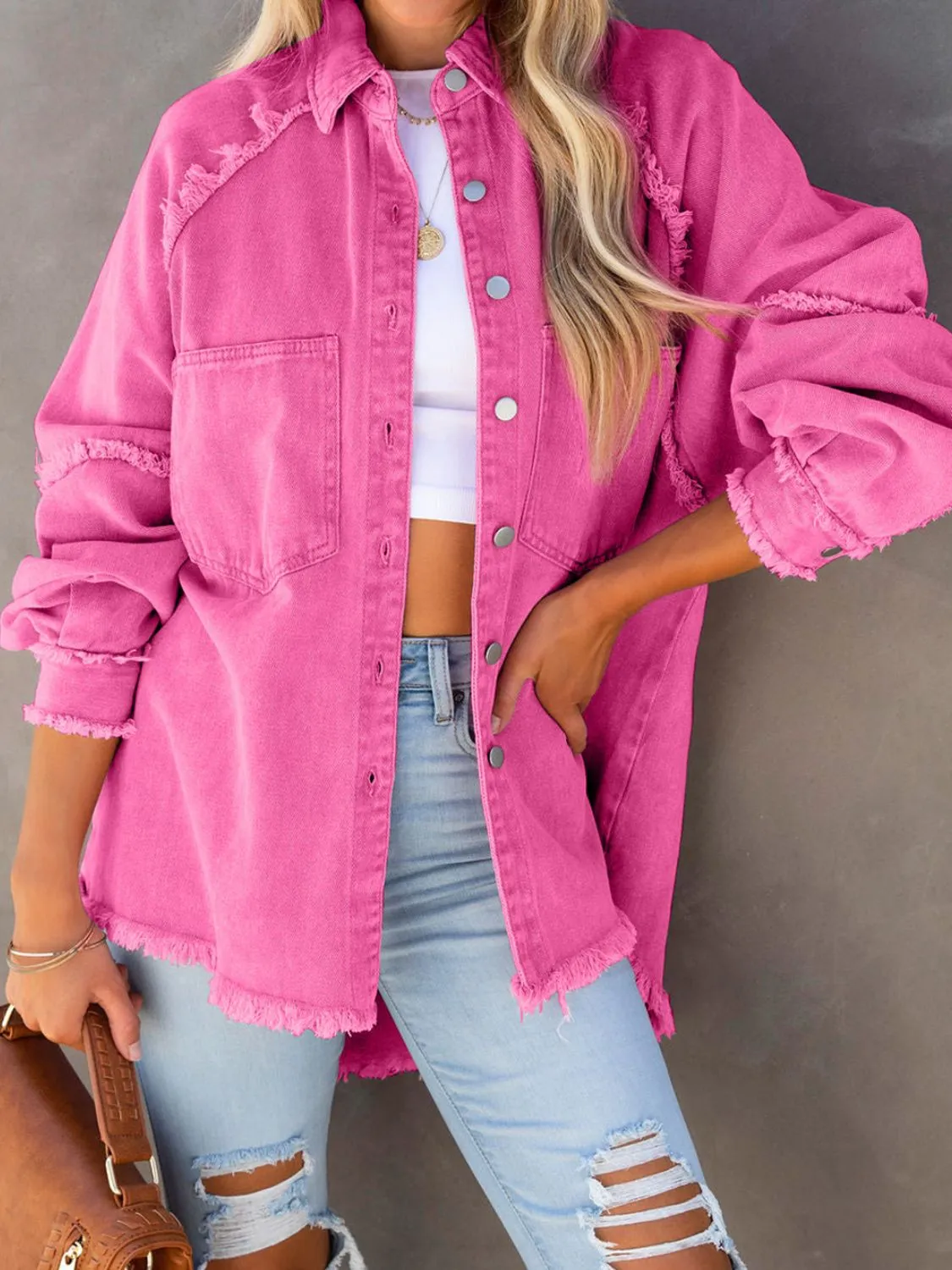 Button Down Raw Hem Denim Jacket - 2 Colors
