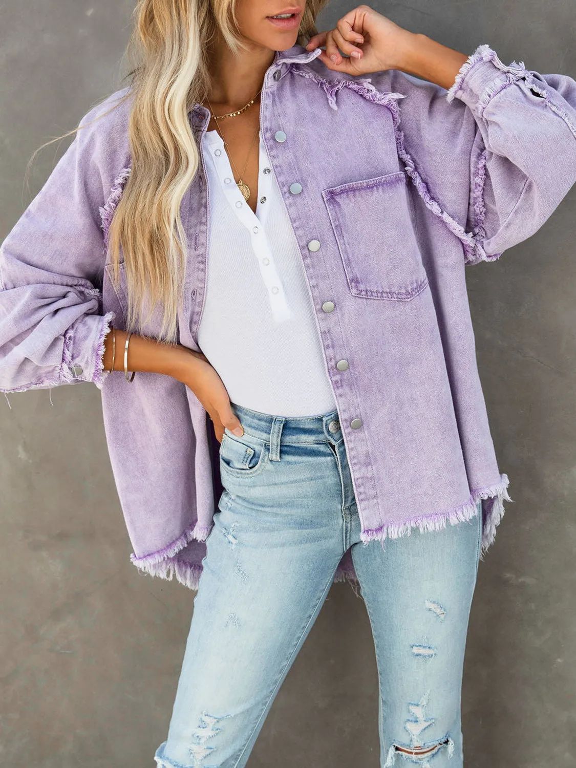 Button Down Raw Hem Denim Jacket - 2 Colors