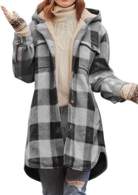 Danedvi Womens Long Flannel Shirts Jackets Casual Hooded Button Down Plaid Coat Fall Long Sleeve Shacket with Pockets
