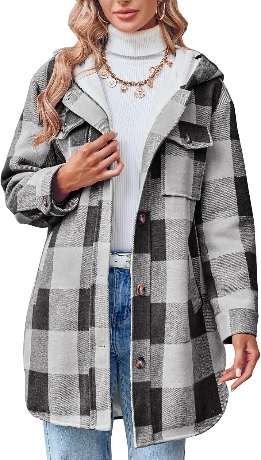 Danedvi Womens Long Flannel Shirts Jackets Casual Hooded Button Down Plaid Coat Fall Long Sleeve Shacket with Pockets