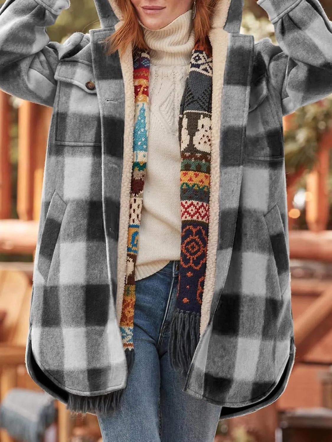 Danedvi Womens Long Flannel Shirts Jackets Casual Hooded Button Down Plaid Coat Fall Long Sleeve Shacket with Pockets