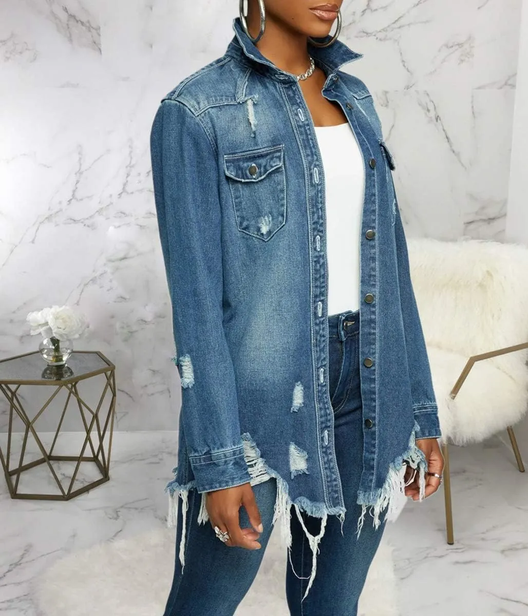 LaiyiVic Denim Jacket for Women Winter Long Sleeve Classic Distressed Butterfly Jean Trucker Jackets