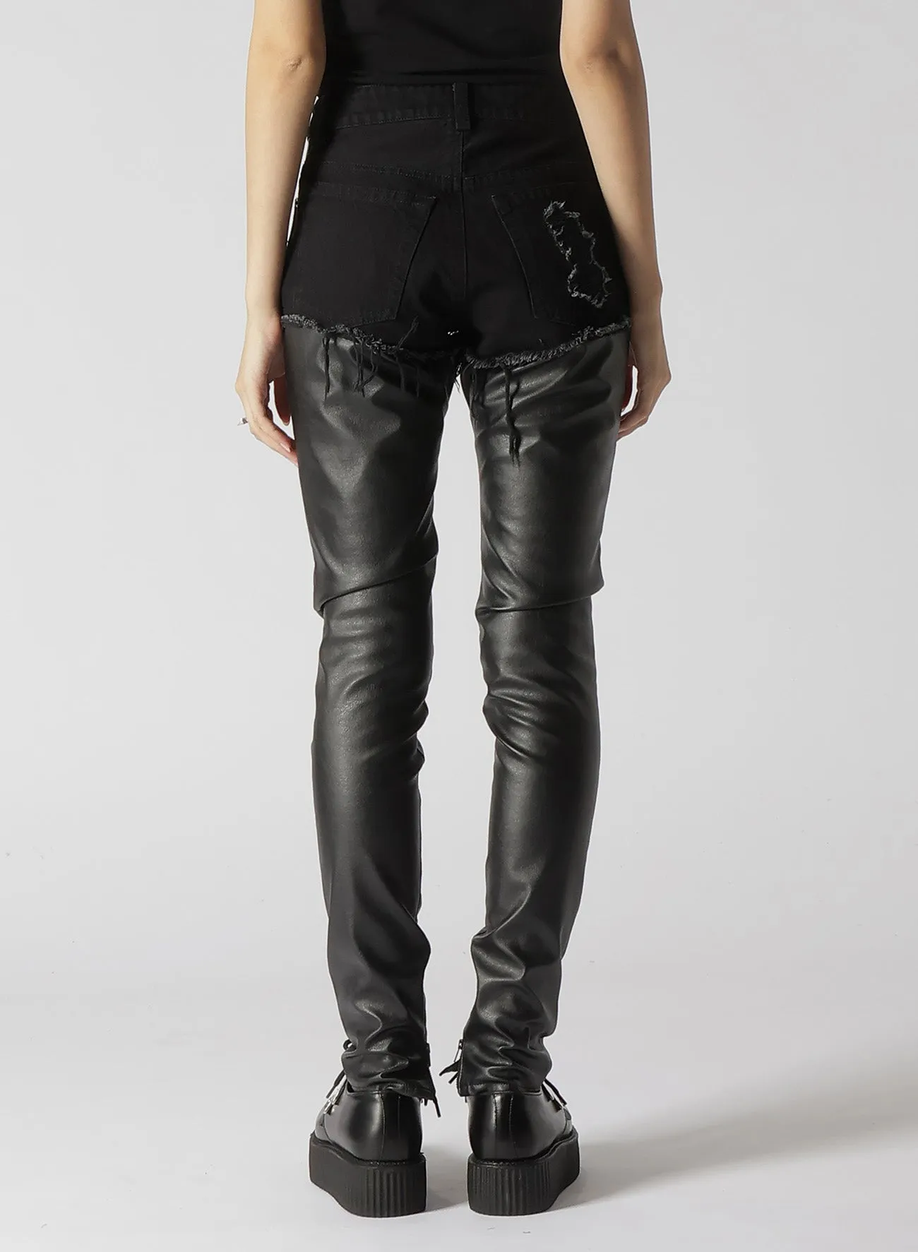 LEATHER   DENIM SLIM PANTS