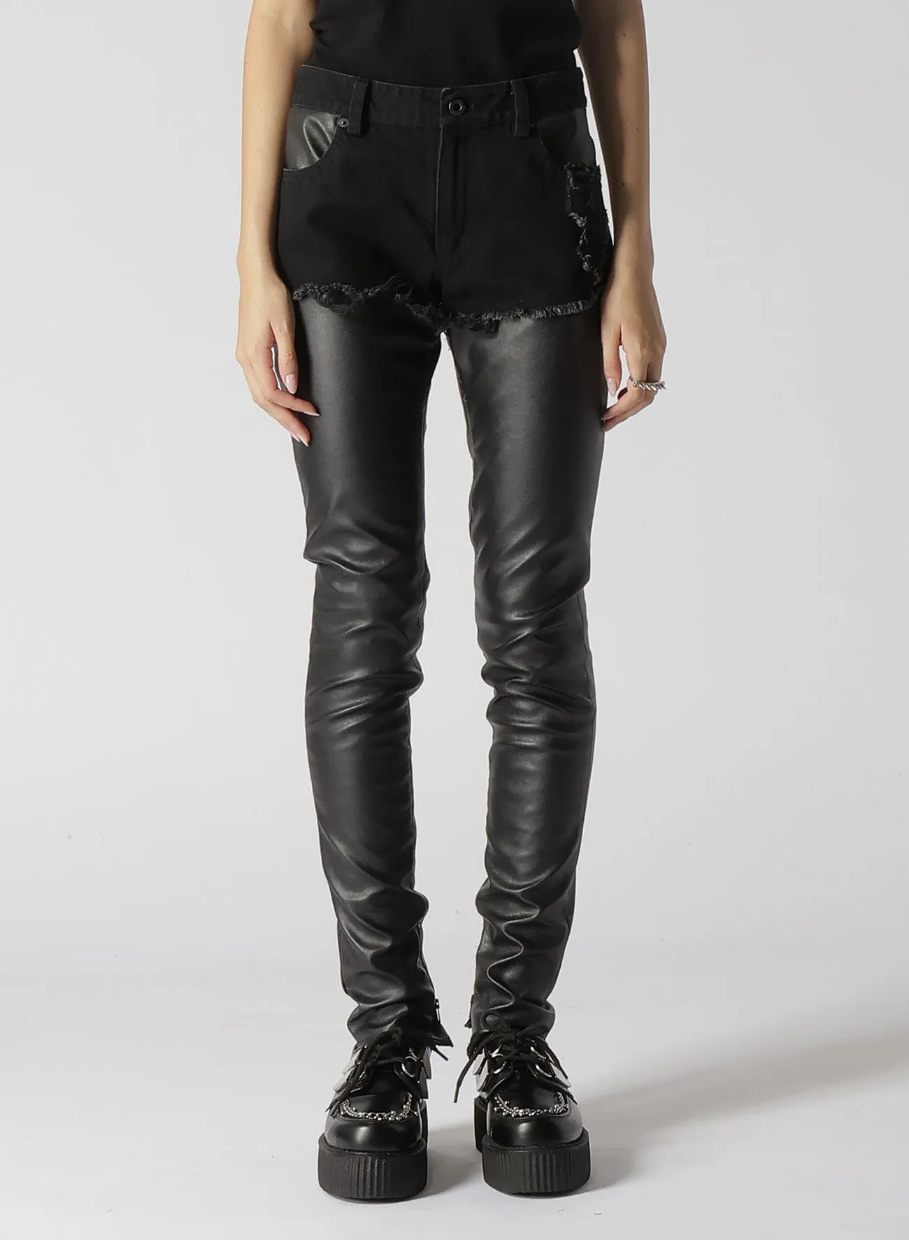 LEATHER   DENIM SLIM PANTS