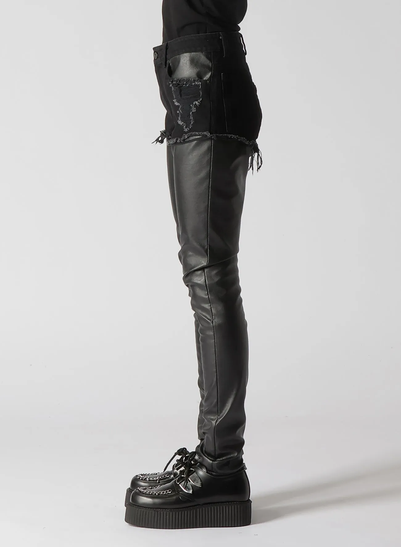 LEATHER   DENIM SLIM PANTS