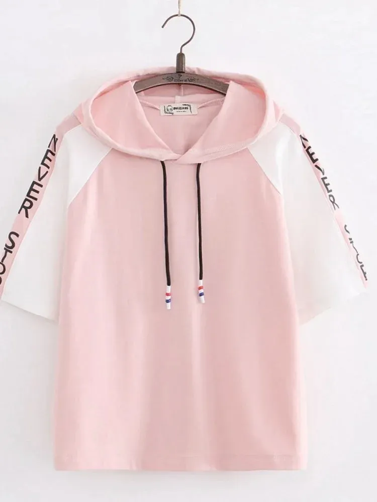Metaversmall Letter Print Drawstring Hooded Casual Women T-Shirt Summer Short Sleeve O-neck T Shirts Sweet Ladies Korean Daily Thin Top