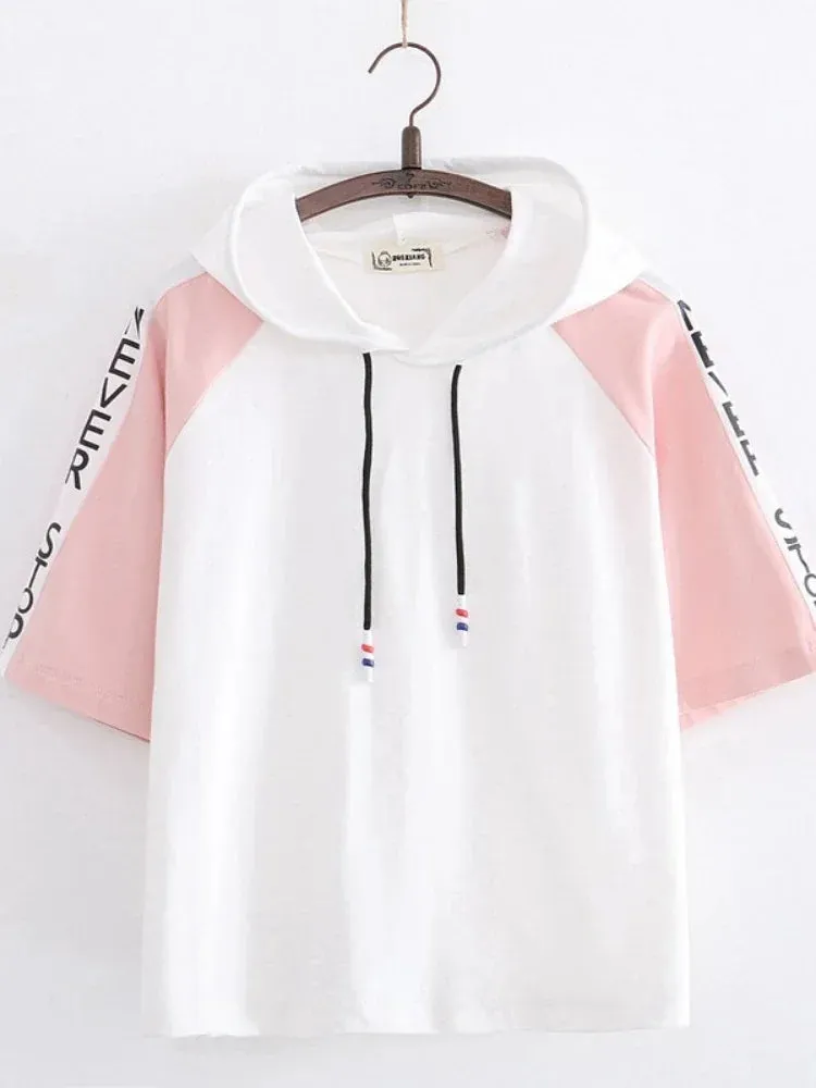 Metaversmall Letter Print Drawstring Hooded Casual Women T-Shirt Summer Short Sleeve O-neck T Shirts Sweet Ladies Korean Daily Thin Top