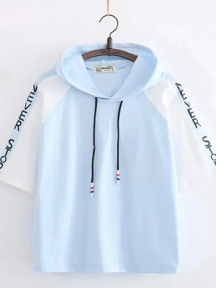 Metaversmall Letter Print Drawstring Hooded Casual Women T-Shirt Summer Short Sleeve O-neck T Shirts Sweet Ladies Korean Daily Thin Top