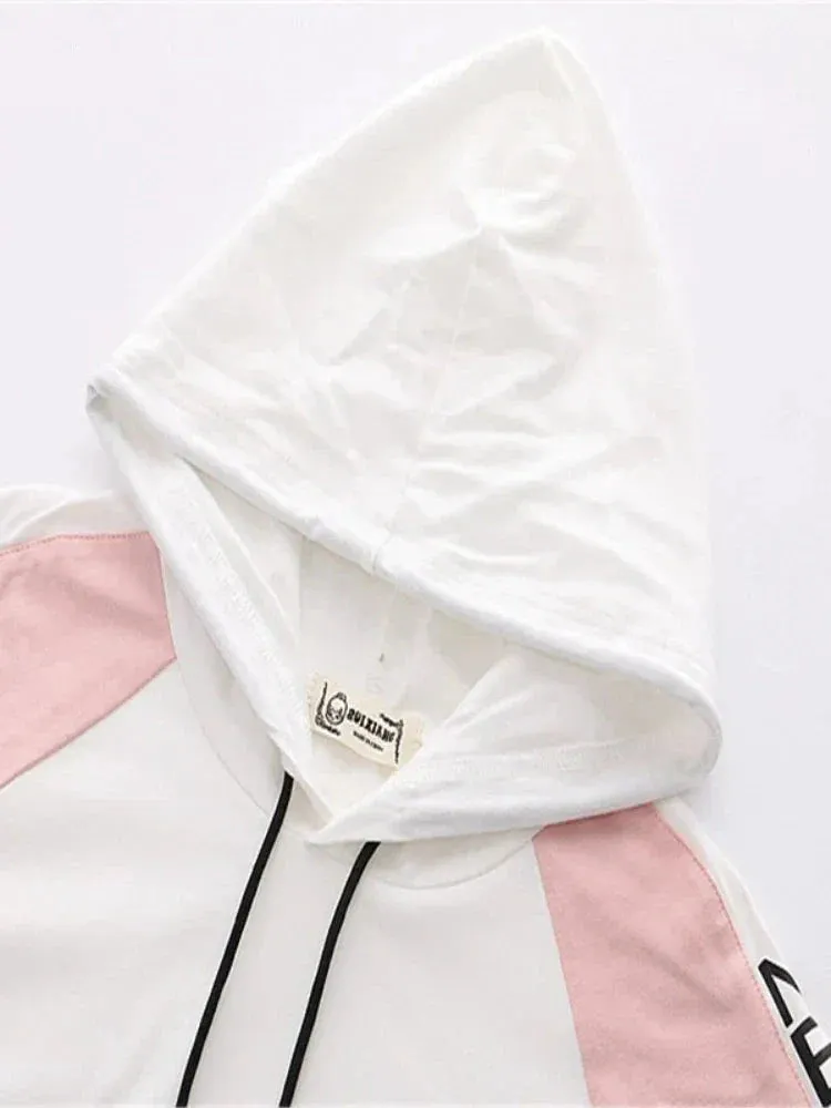 Metaversmall Letter Print Drawstring Hooded Casual Women T-Shirt Summer Short Sleeve O-neck T Shirts Sweet Ladies Korean Daily Thin Top