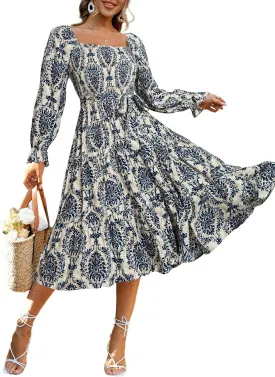 Simplee Womens Long Sleeve Maxi Floral Dress Casual Square Neck Long Flowy Boho Dresses