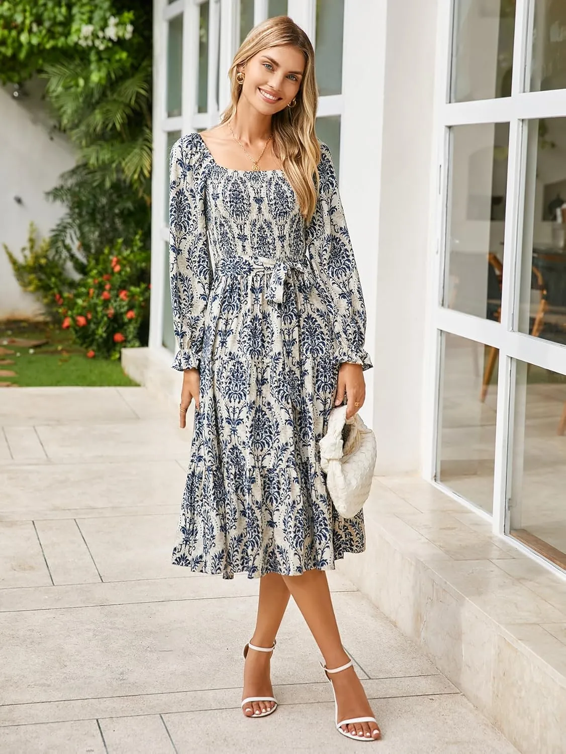 Simplee Womens Long Sleeve Maxi Floral Dress Casual Square Neck Long Flowy Boho Dresses