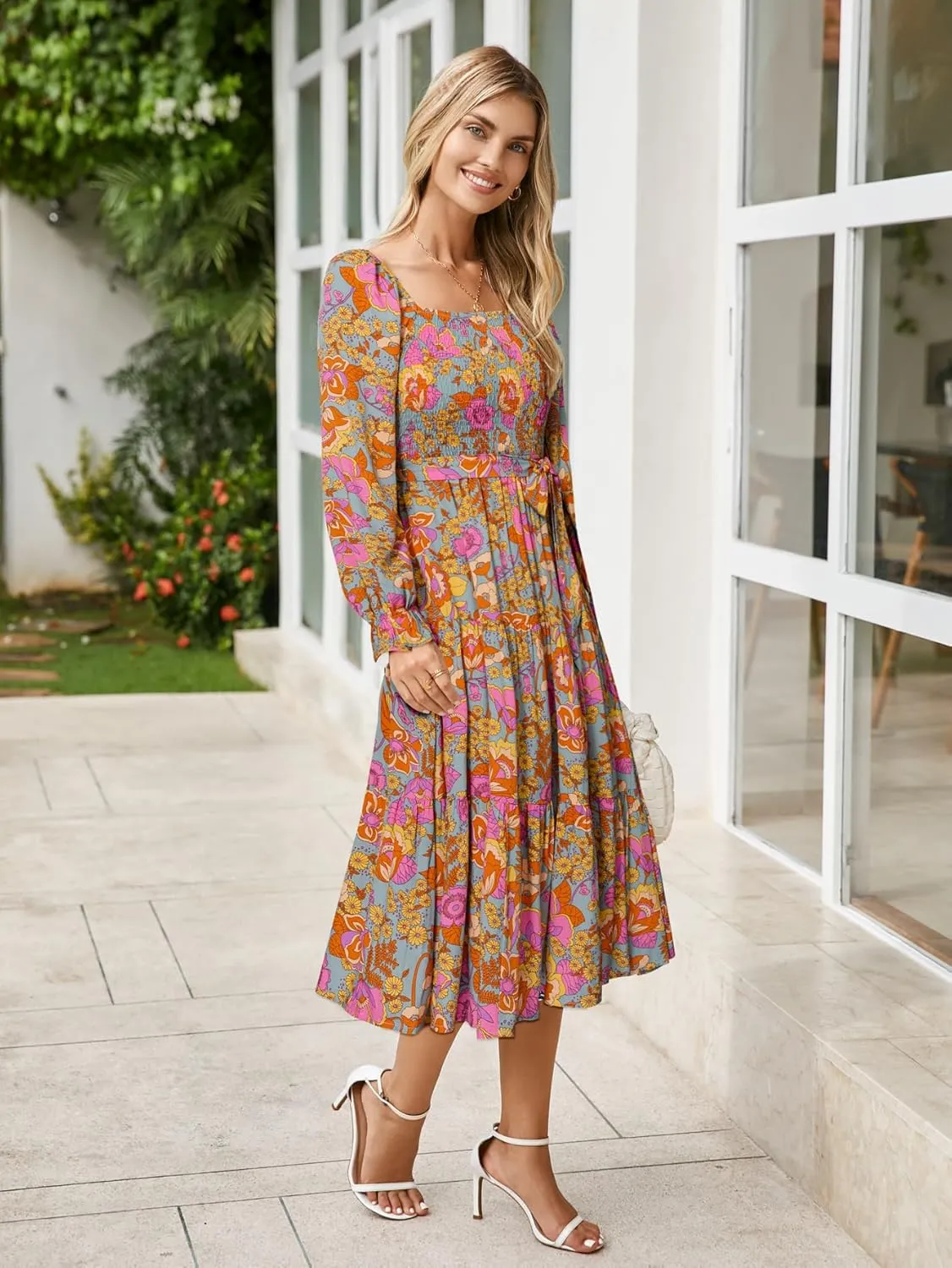 Simplee Womens Long Sleeve Maxi Floral Dress Casual Square Neck Long Flowy Boho Dresses