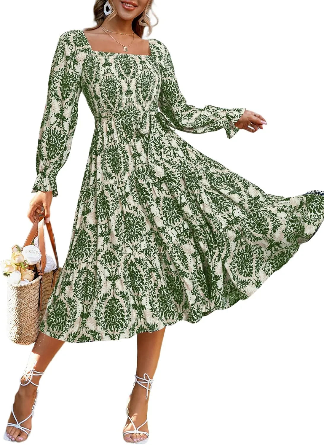 Simplee Womens Long Sleeve Maxi Floral Dress Casual Square Neck Long Flowy Boho Dresses
