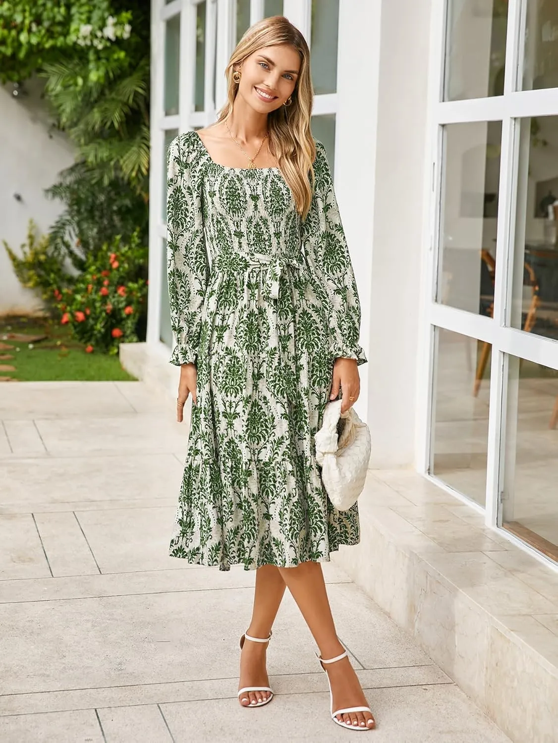 Simplee Womens Long Sleeve Maxi Floral Dress Casual Square Neck Long Flowy Boho Dresses