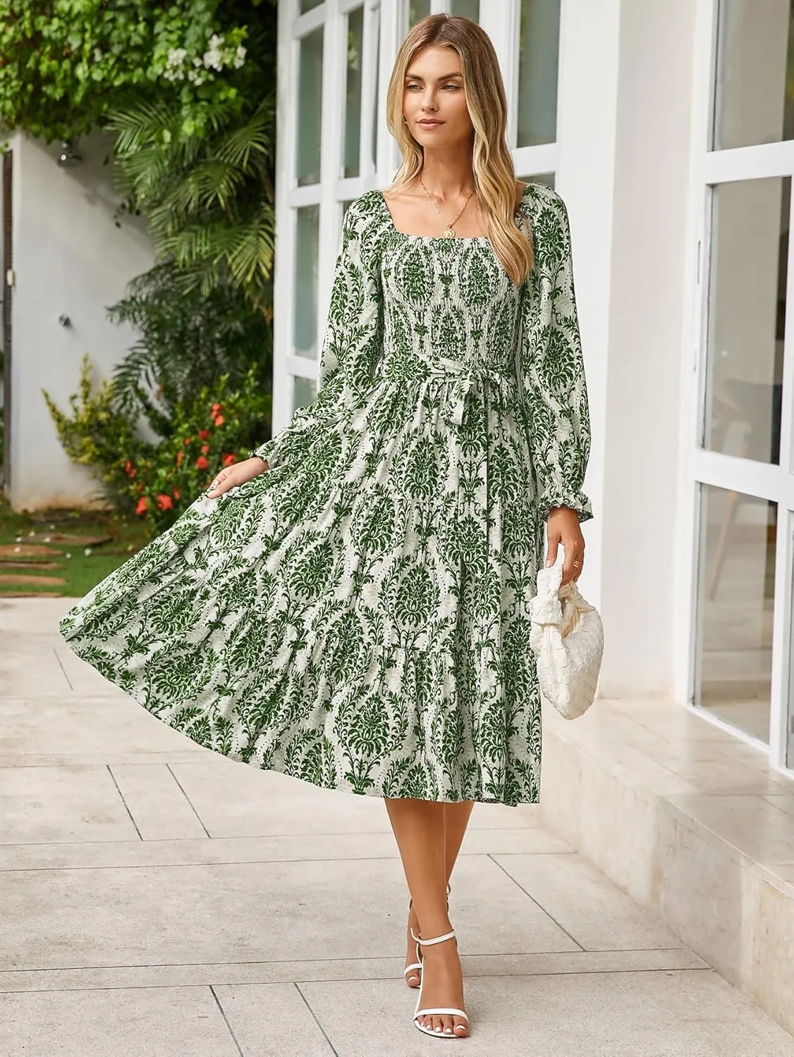 Simplee Womens Long Sleeve Maxi Floral Dress Casual Square Neck Long Flowy Boho Dresses