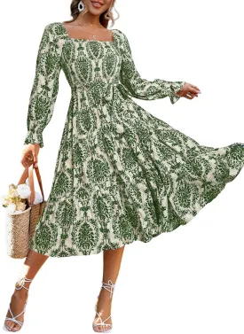 Simplee Womens Long Sleeve Maxi Floral Dress Casual Square Neck Long Flowy Boho Dresses