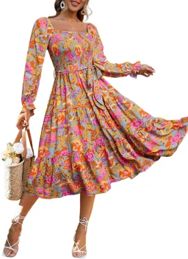 Simplee Womens Long Sleeve Maxi Floral Dress Casual Square Neck Long Flowy Boho Dresses