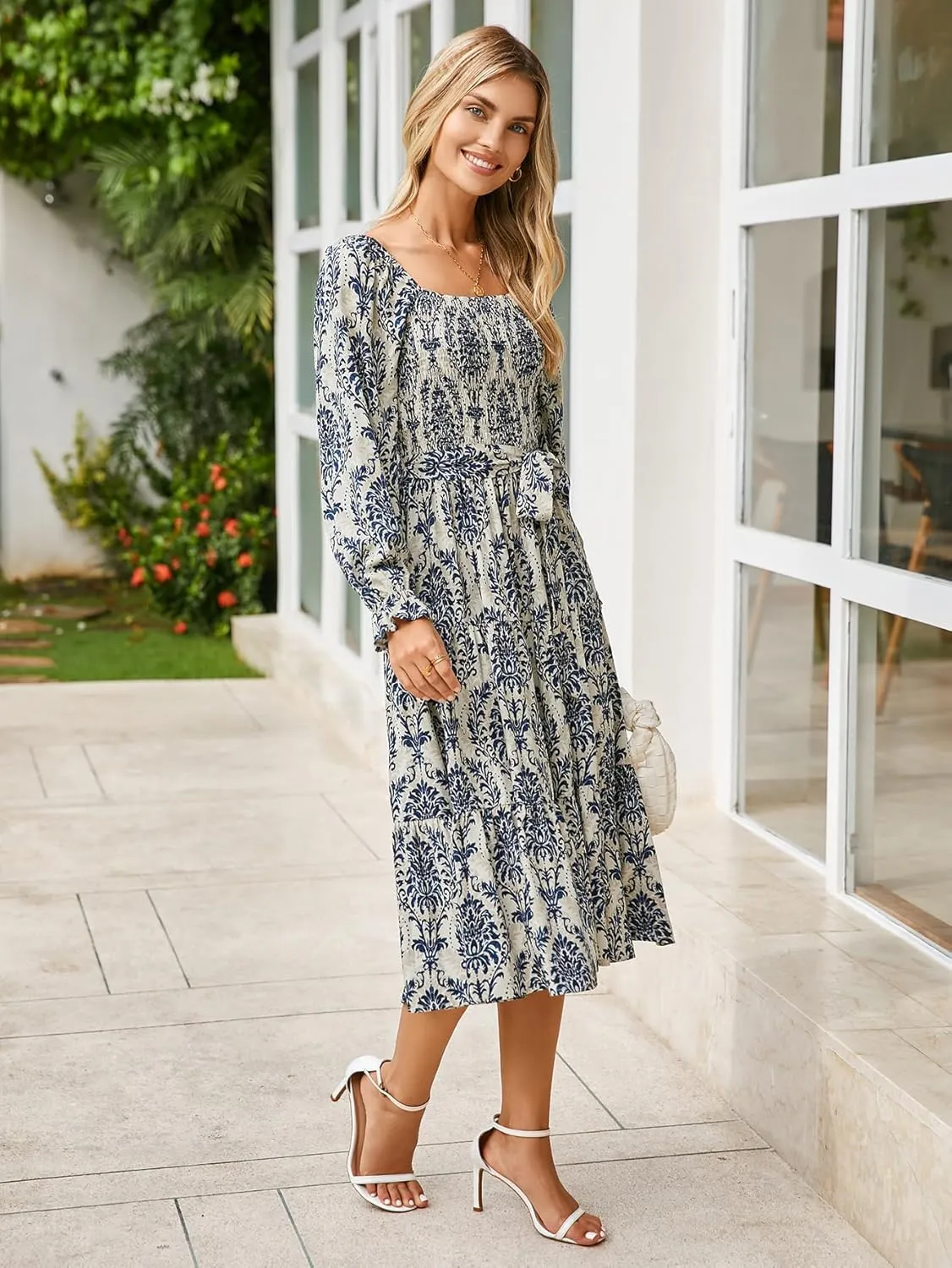 Simplee Womens Long Sleeve Maxi Floral Dress Casual Square Neck Long Flowy Boho Dresses