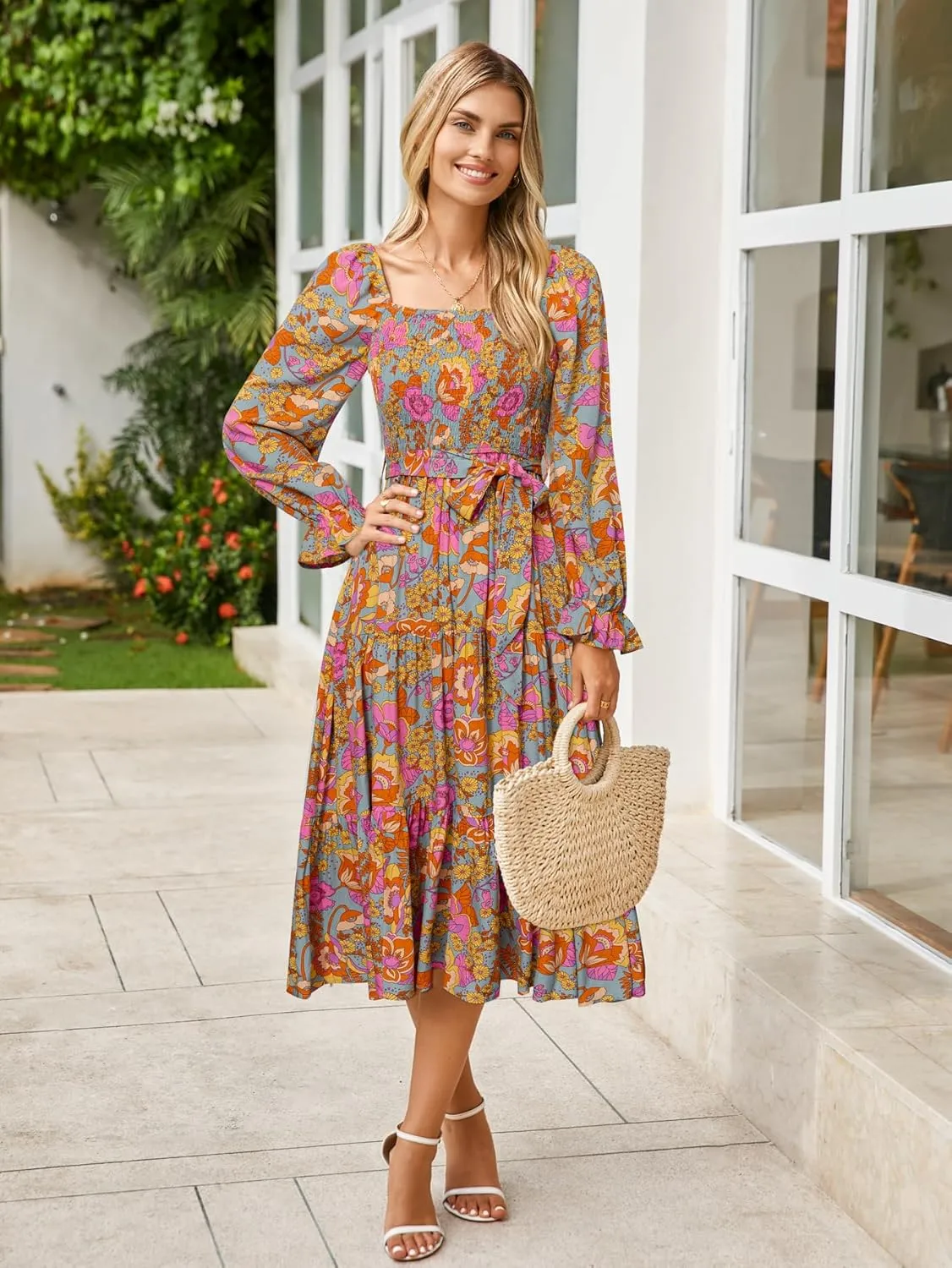 Simplee Womens Long Sleeve Maxi Floral Dress Casual Square Neck Long Flowy Boho Dresses