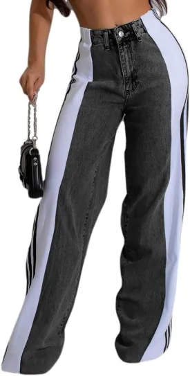 Womens Jeans High Waisted Wide Leg Patchwork Stripes Stretchy Jean Color Block Straight Trendy Demin Pants