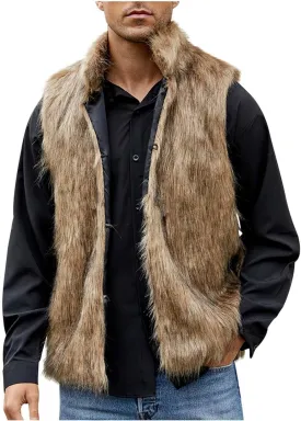 yardsong Faux Fur Vest Men Luxury Faux Fur Hoodie Gilet Coats Fashion Open Front Lapel Collar Fluffy Sleeveless Jackets