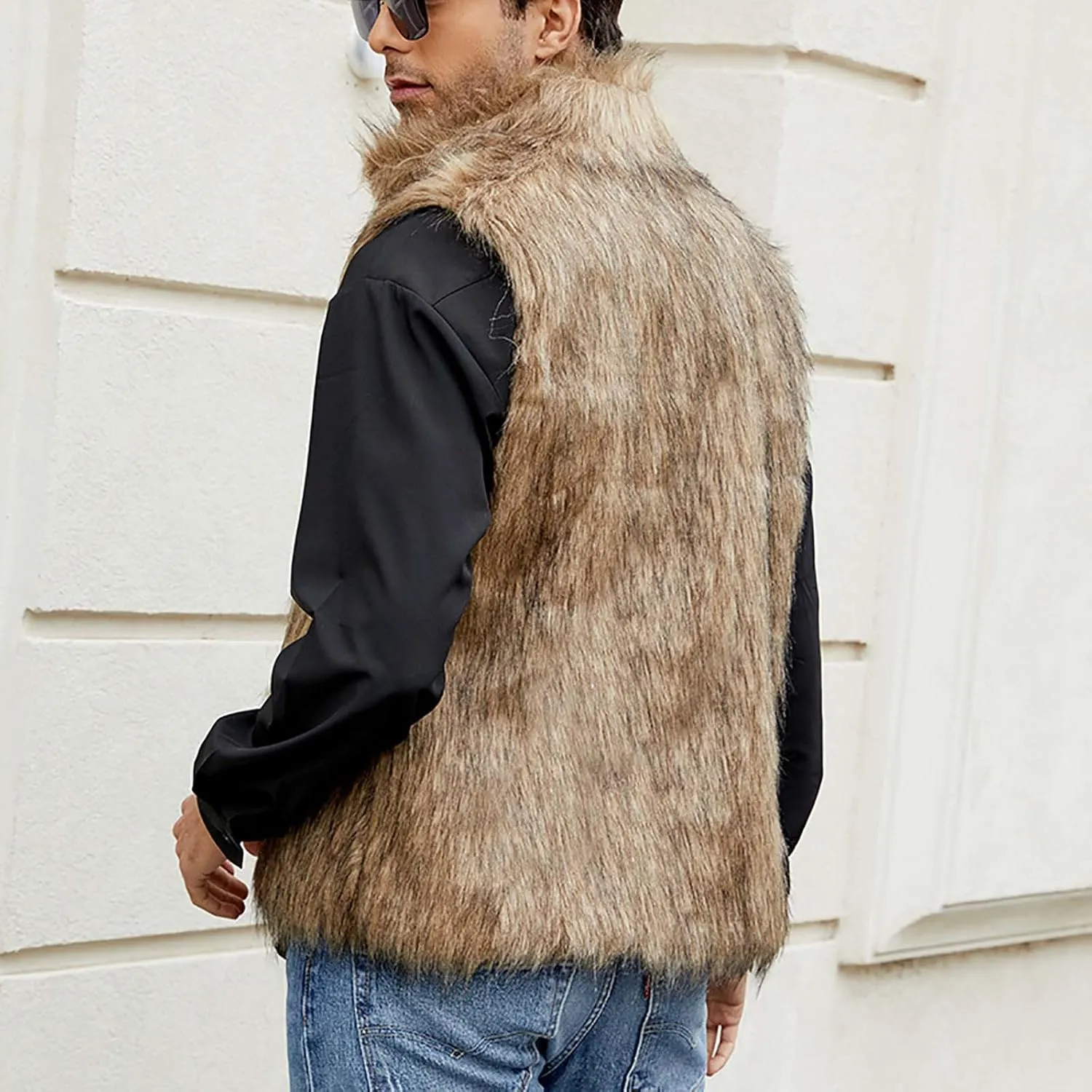 yardsong Faux Fur Vest Men Luxury Faux Fur Hoodie Gilet Coats Fashion Open Front Lapel Collar Fluffy Sleeveless Jackets