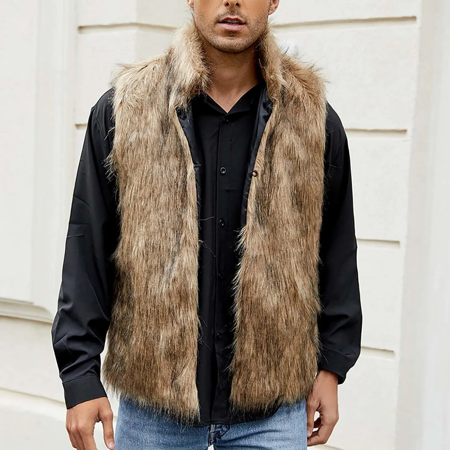 yardsong Faux Fur Vest Men Luxury Faux Fur Hoodie Gilet Coats Fashion Open Front Lapel Collar Fluffy Sleeveless Jackets