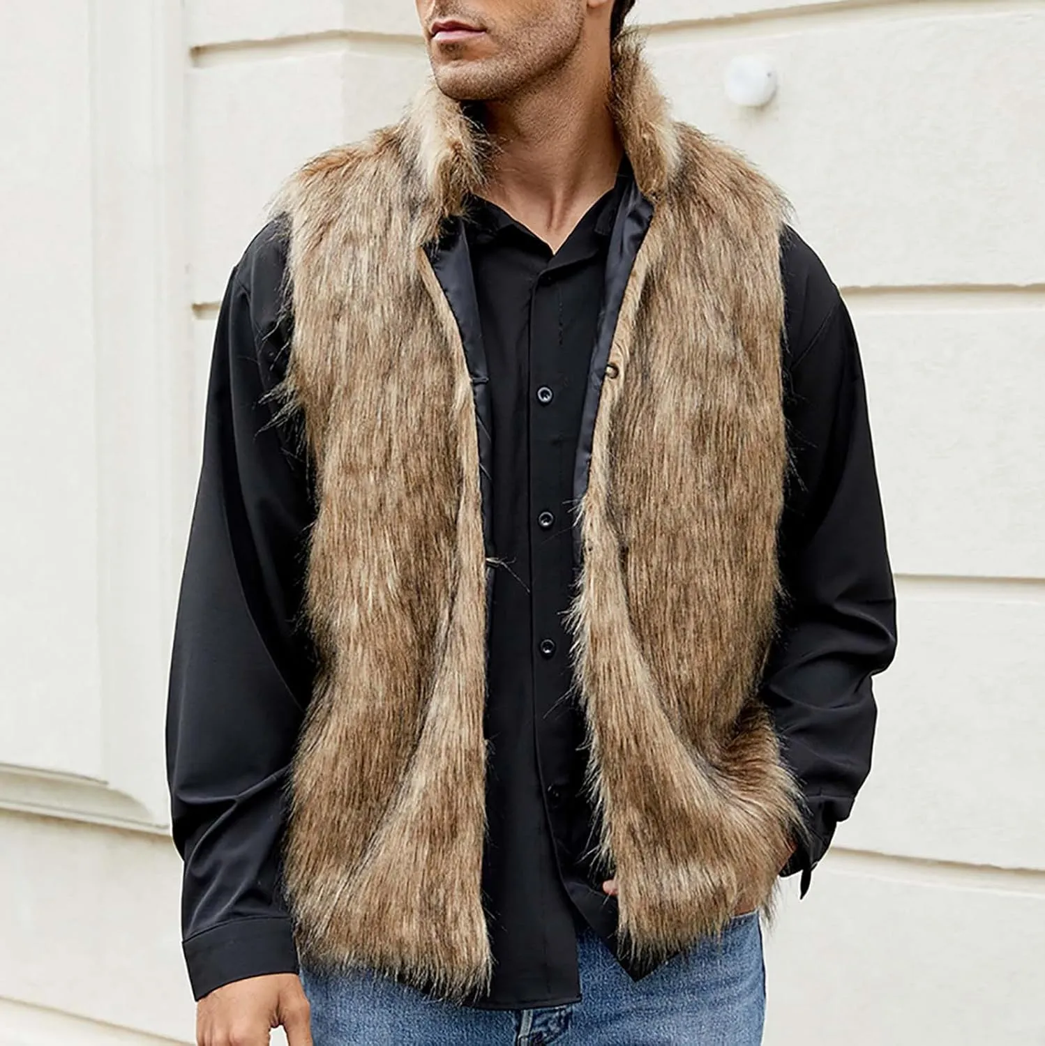 yardsong Faux Fur Vest Men Luxury Faux Fur Hoodie Gilet Coats Fashion Open Front Lapel Collar Fluffy Sleeveless Jackets